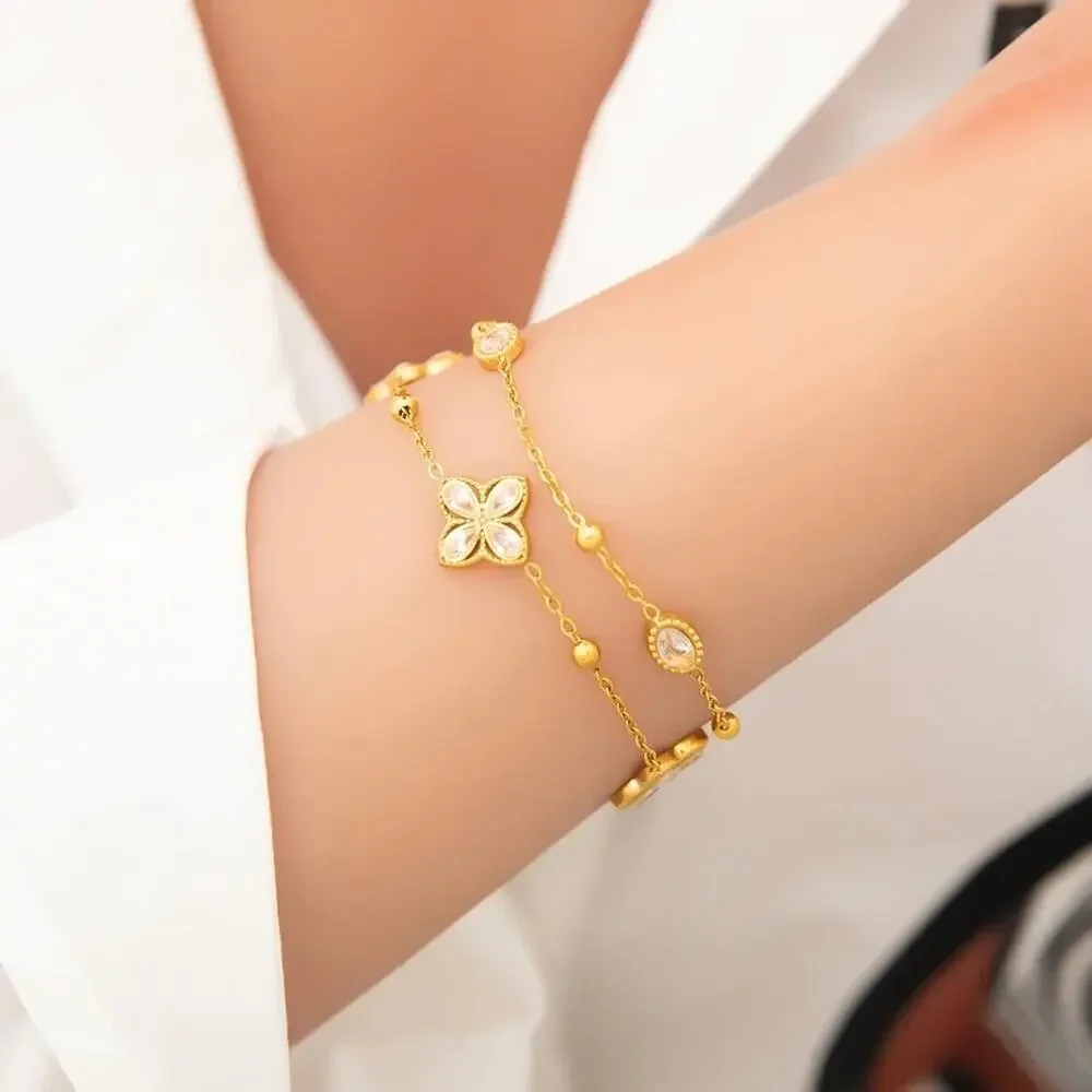 18K Gold Plated Clover Double Layered Charm Bracelet